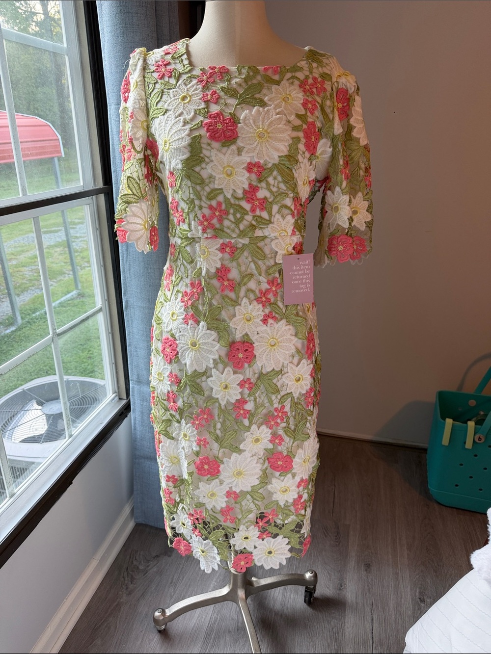 Embroidered Floral Midi Dress in White, Pink & Green NWT